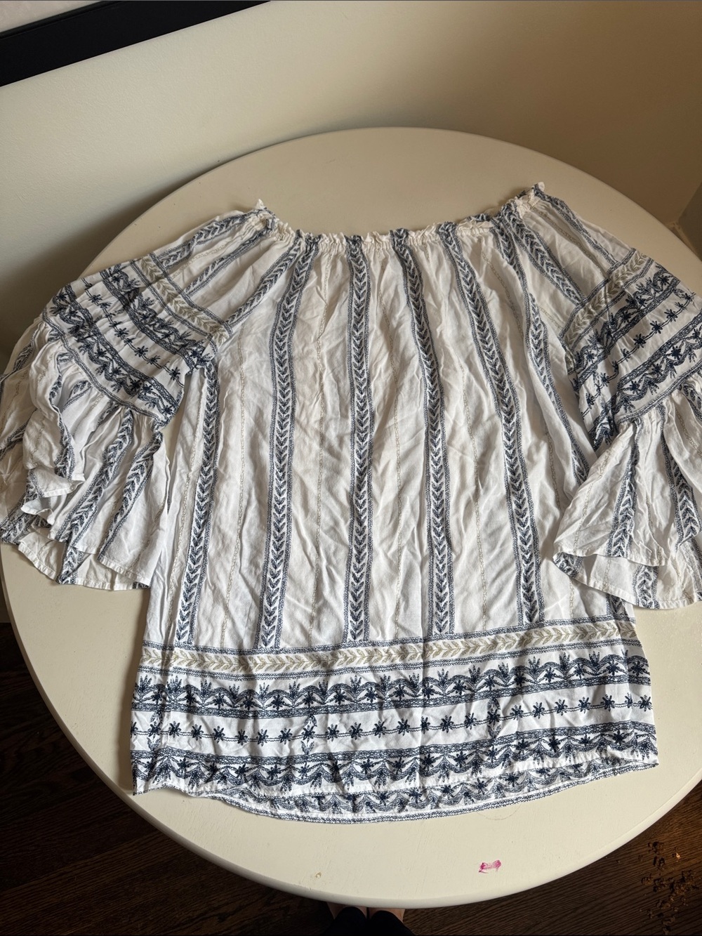Elan White and Navy Boho Off-Shoulder Embroidered Top